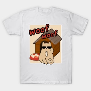 Woof Woof Cat Barking Funny Contradiction Cartoon T-Shirt